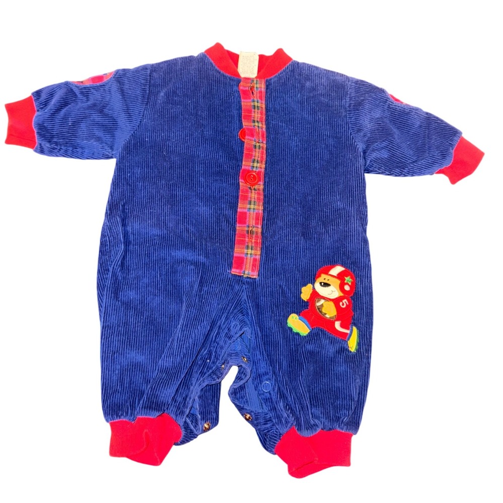 Vintage Corduroy Baby Romper 3-6‎ Months Football Bear Plaid Trim Outfit